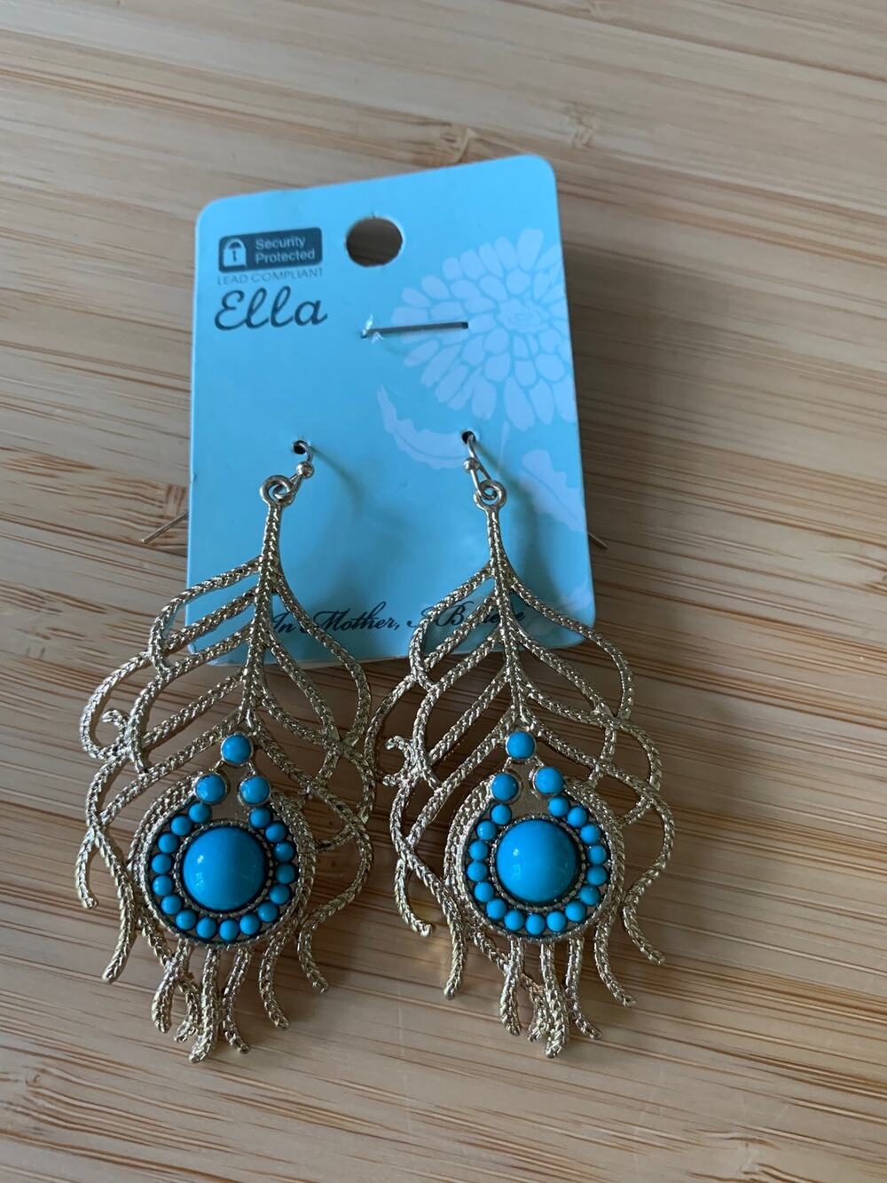 Ella Feather Gold Turquoise Earrings Boho Indie Preppy